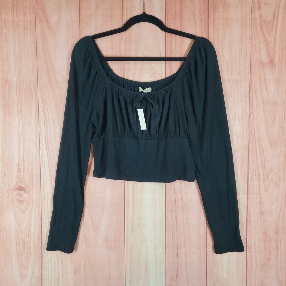Madewell Ribbed Square Neck Crop Top Womens XL Black Viscose Front Tie NJ773
